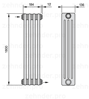 Схема (чертеж) Радиатор Zehnder Charleston 4180/4 №1670 Белый глянцевый RAL 9016